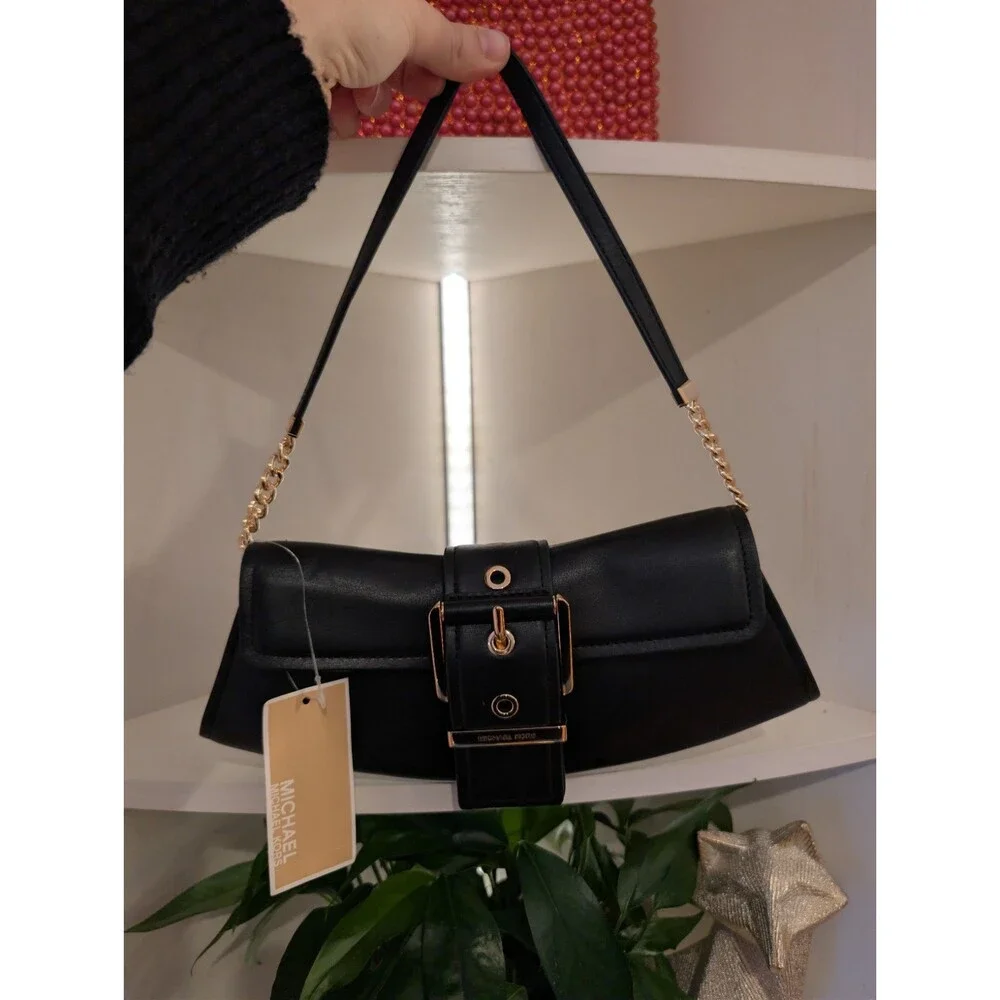 NWT Michael Kors Colby Leather Convertible Clutch Black Gold Hardware